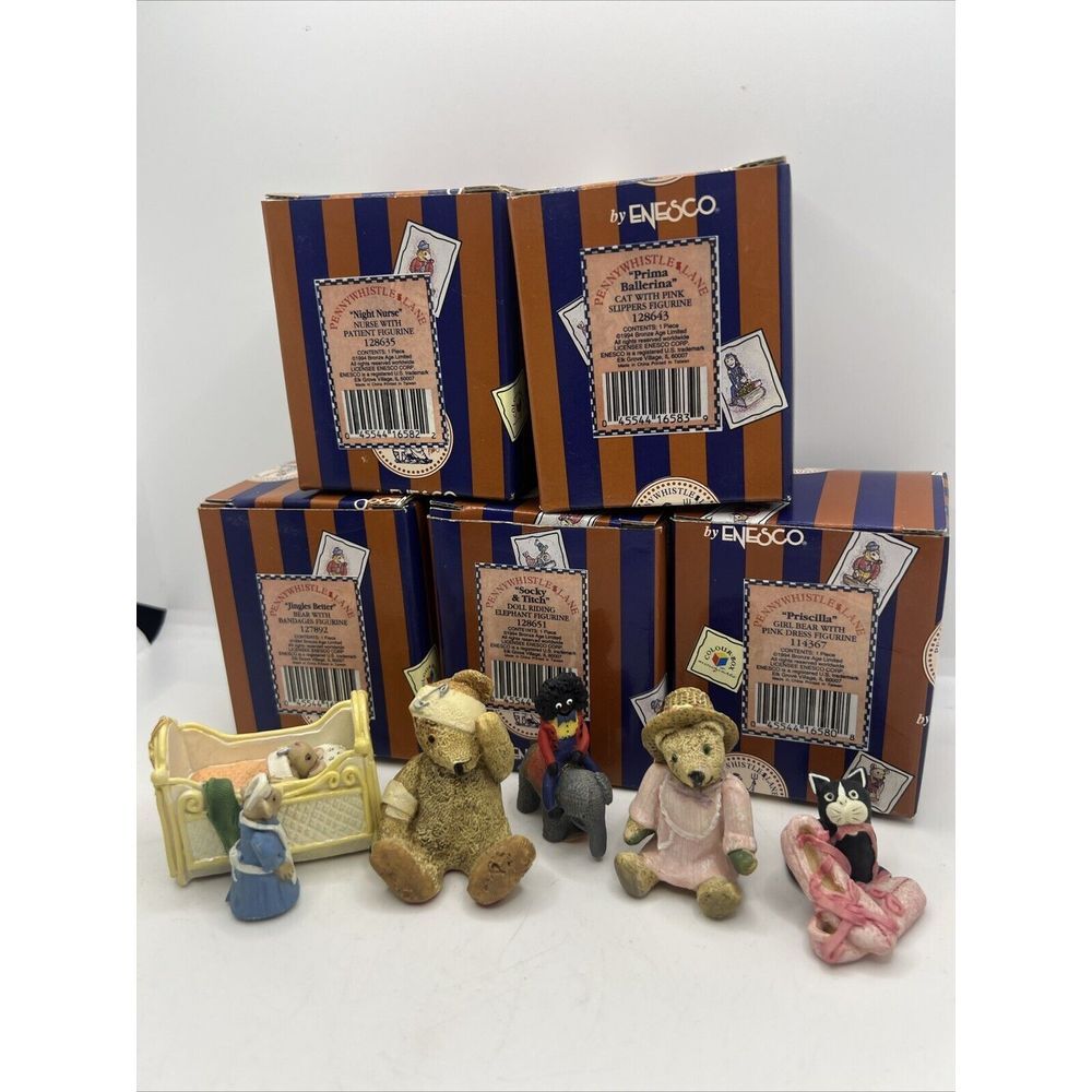 Vintage Enesco Penny Whistle Lane Lot of 5 Holiday Figurines Bear Doll Cat Mice‎